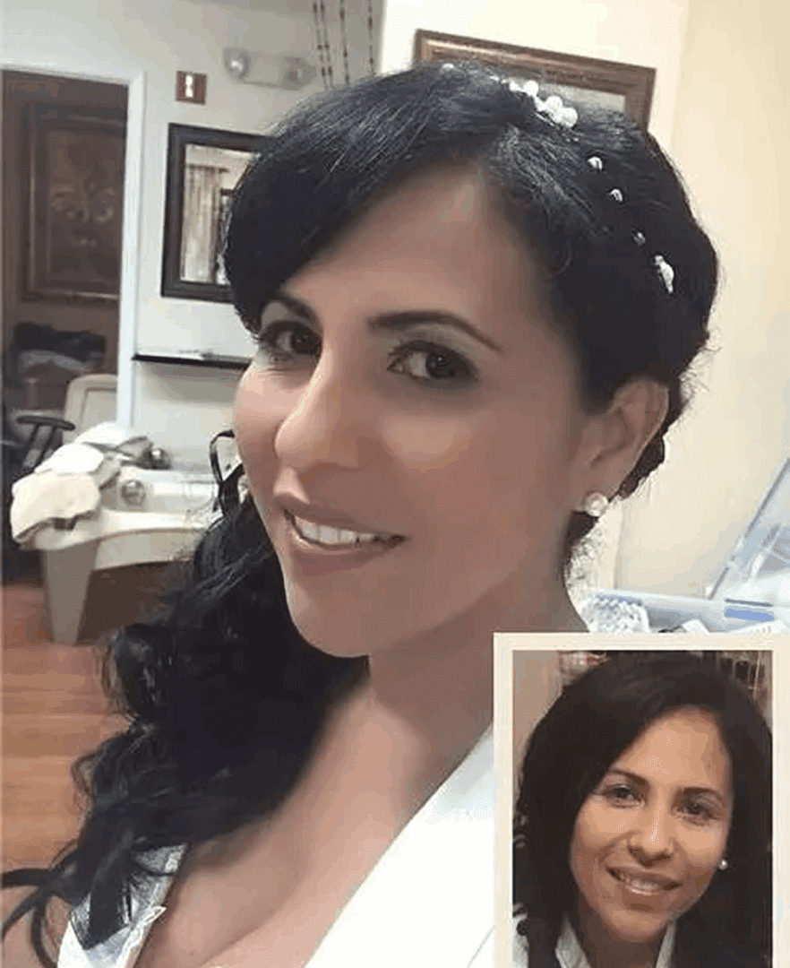 Smiling woman with dark hair indoors