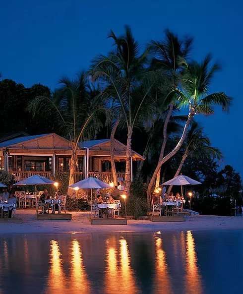 Romantic seaside restaurant with palm trees