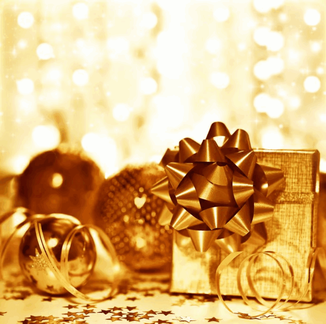 Festive gold decorations and lights