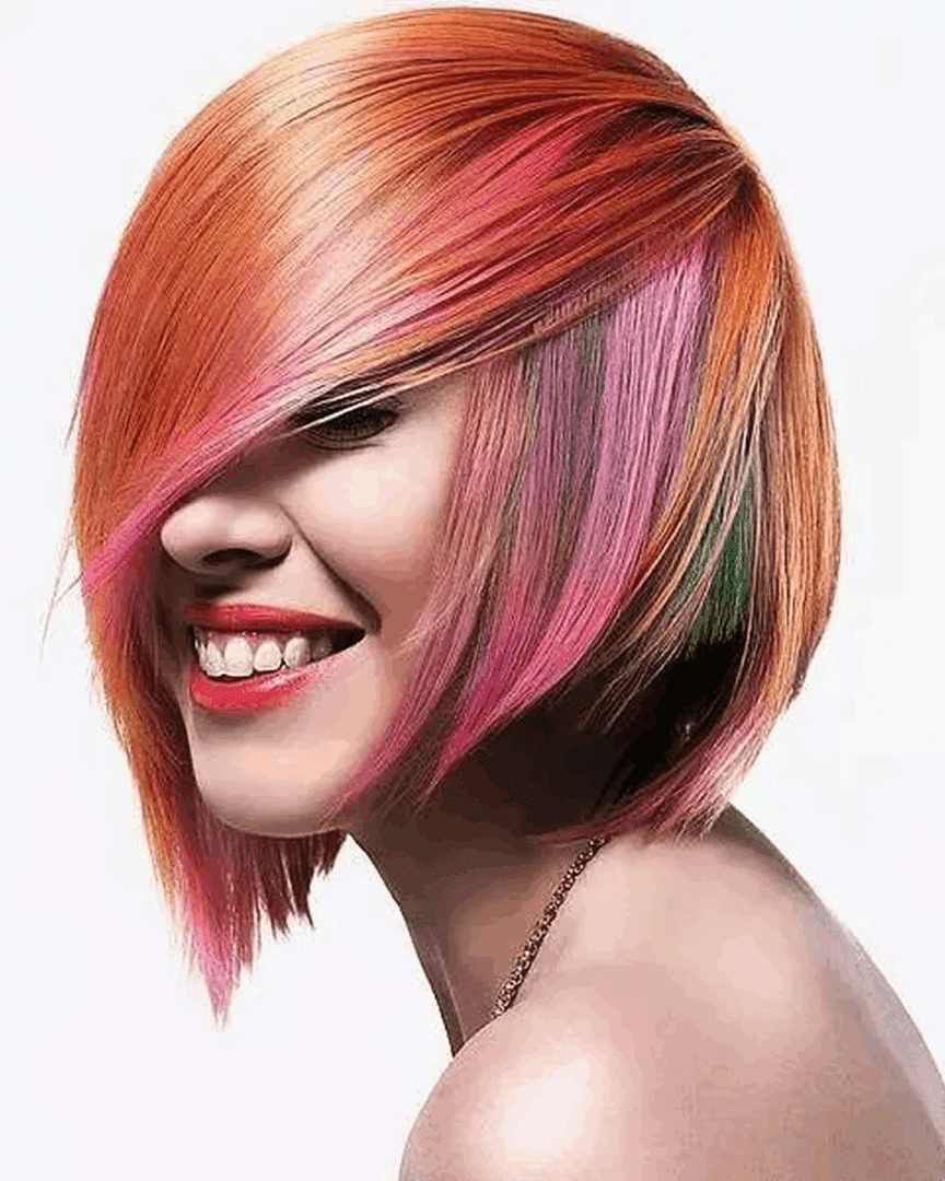 Colorful bob hairstyle with vibrant highlights